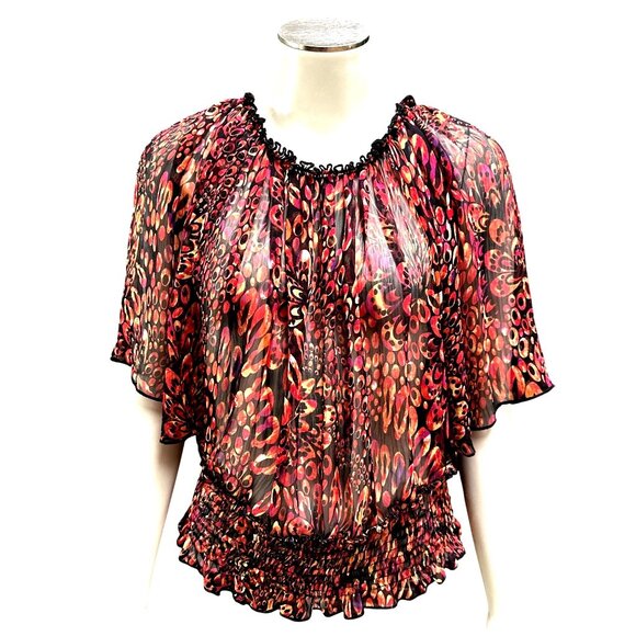 Ultra Pink Medium Sheer Flutter Sleeve Blouse Red Orange Abstract Dot Print Top - Picture 2 of 10